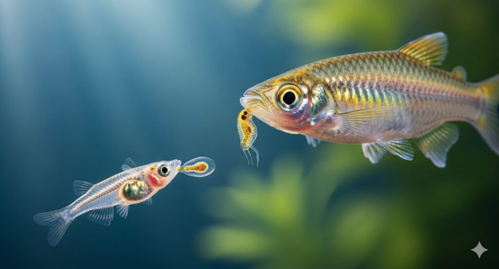 稚魚にはゾウリムシ、成魚にはミジンコが基本